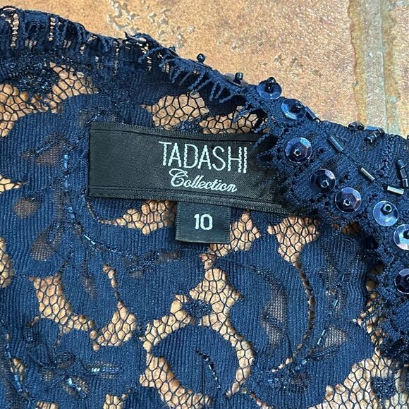 Tadashi Collection Silk Beaded Ruched Long Evening Gown Navy Blue dress Size 6 - Picture 15 of 16